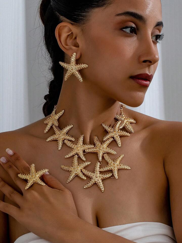 1 Piece/1 Set Of Fashionable And 2024 New Bohemian Style Heavy Industry Exaggerated Ocean Style, Starfish Beach Rings, Earrings, Necklaces, Alloy Women's Banquets, Parties, Tourism, Vacation, And Daily Wear | SHEIN