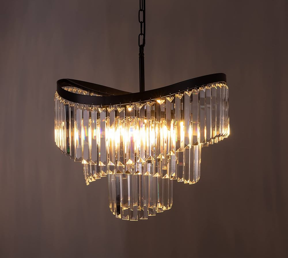 Wellmet Black Modern Crystal Chandelier, 3 Tiers Adjustable Hanging Ceiling Pendant Light Fixture... | Amazon (US)