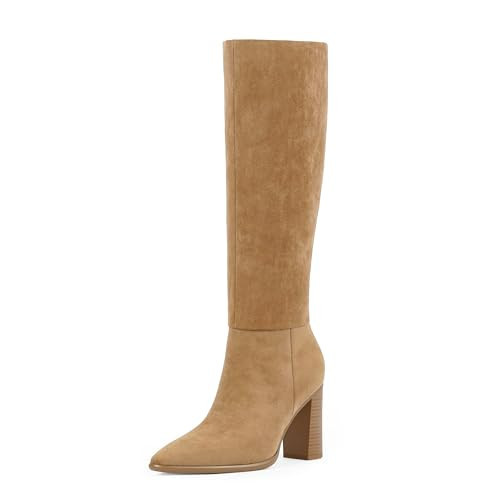 Easyfox Tan Suede Faux Leather Boots for Women Knee High Boots Pointed Toe Long Boots Chunky Heel Tall Boots Size 6.5 | Amazon (US)