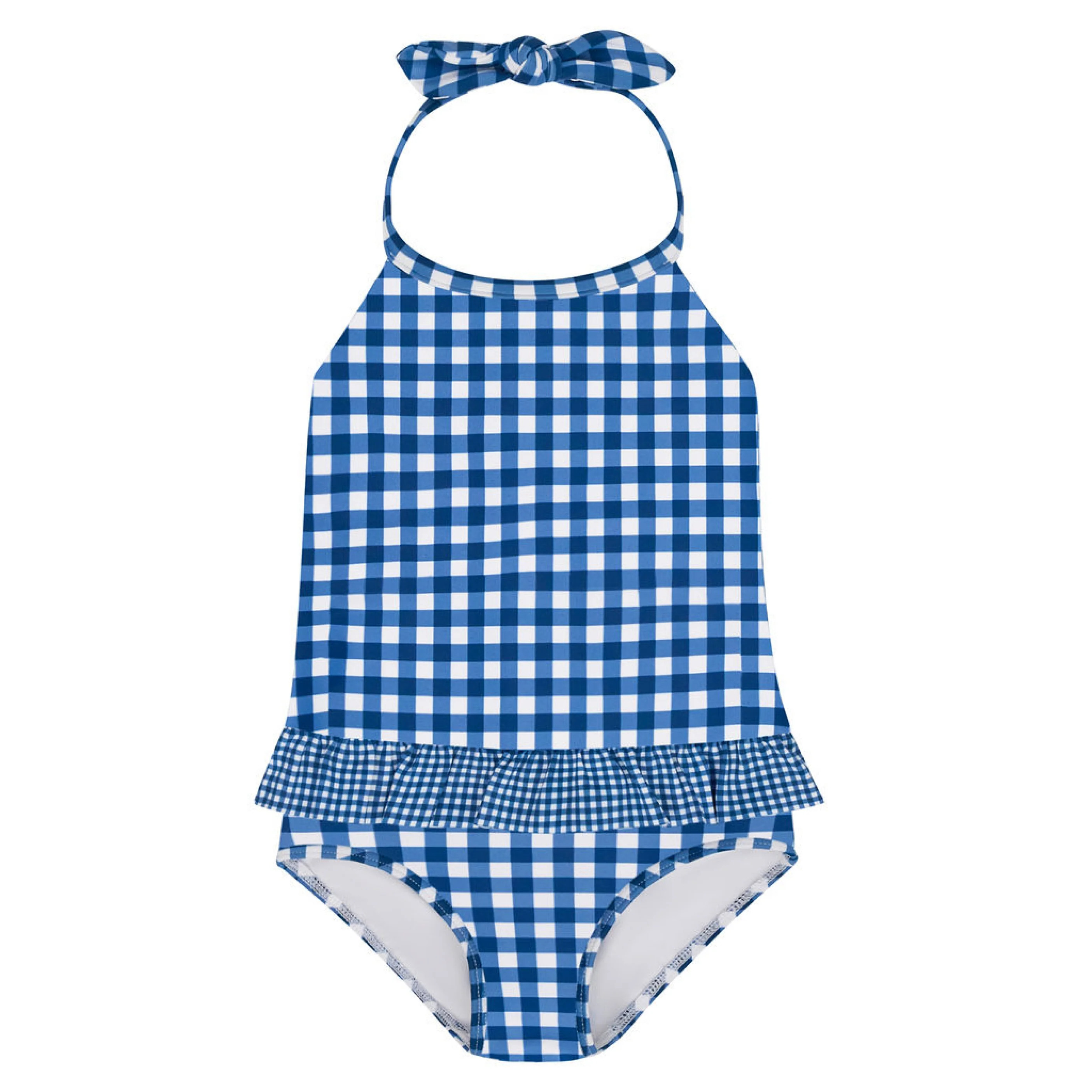 girls navy picnic gingham ruffle halter one piece | Minnow