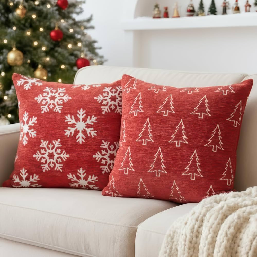 2 Pack Christmas Pillow Covers 18x18, Chenille Double-Sided Snowflake & Christmas Tree Decorative... | Amazon (US)