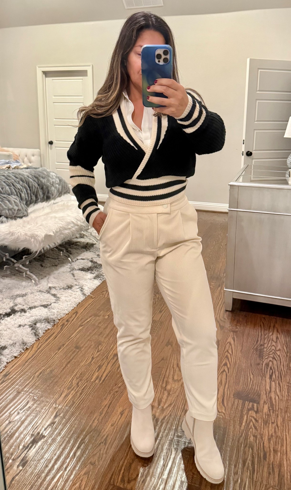 These comfy corduroy pants are the real MVP! They have a little stretch and they seem to go with everything! I am wearing a medium. 

I am wearing a small in the sweater and blouse, but you could totally wear the sweater on its own. 

#LTKShoeCrush #LTKFindsUnder100 #LTKSeasonal