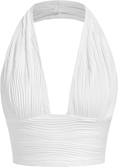 Verdusa Women's Open Back Halter Neck Sleeveless Texture Crop Tank Top | Amazon (US)