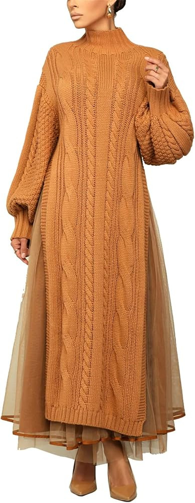 Molisry Women Turtleneck Sweater Dress Set Long Sleeve Knitted High Split Dress and Tulle Skirt M... | Amazon (US)