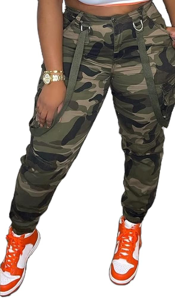 Womens Camo Cargo High Waist Pants Camouflage Military Elastic Trousers with Pockets | Amazon (US)