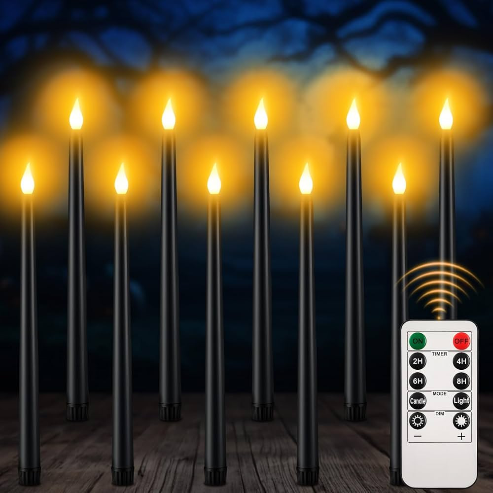 YUNVI 10 Pcs Halloween Flameless Taper Candles with Timer,Battery Operated Black LED Taper Candle... | Amazon (US)