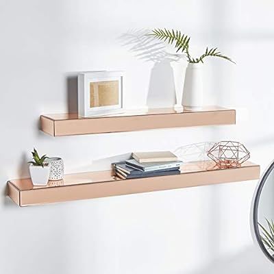 Beautify Set of 2 Rose Gold Mirrored Glass Shelves Floating Wall Shelf Display Ledges – Storage... | Amazon (US)