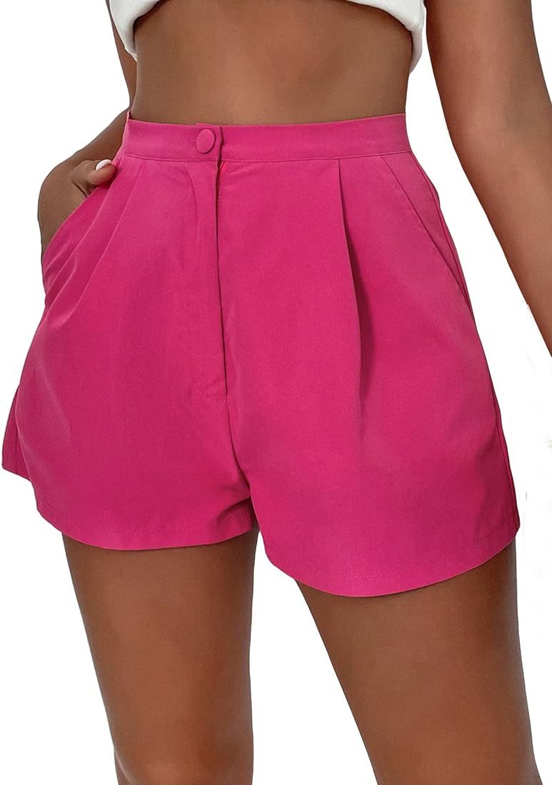 MakeMeChic Women's High Waist Fold Pleated Belted Rolled Paper Bag Shorts with Pockets | Amazon (US)