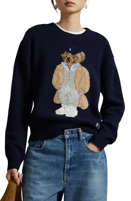 Polo Ralph Lauren Polo Bear Wool & Cashmere Crewneck Sweater in Hunter Navy at Nordstrom, Size Small | Nordstrom