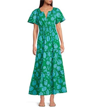 Palmer Floral Print V-Neck Short Sleeve Tiered Poplin Maxi Dress | Dillard's
