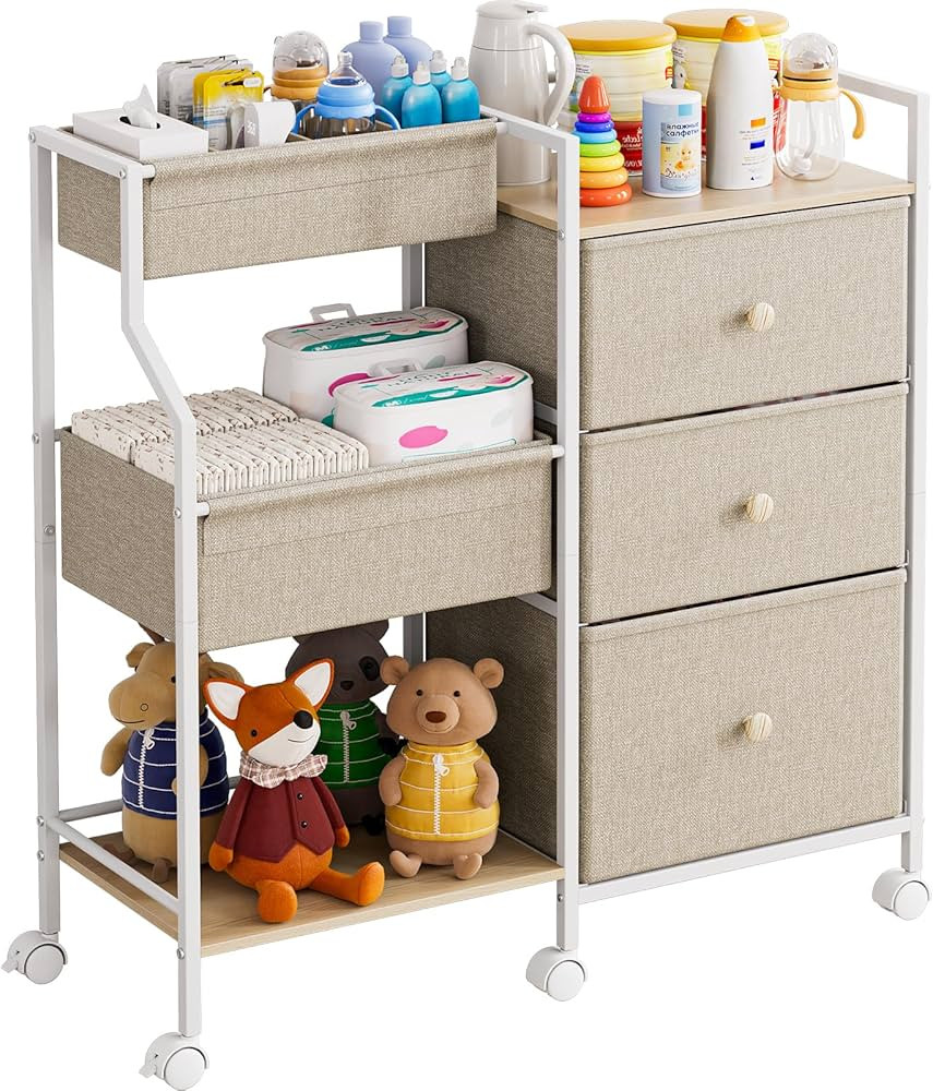 Baby Organizer and Storage - 3 Tier Rolling Cart with Dividers and Drawers, Easy To Assemble, Mob... | Amazon (US)