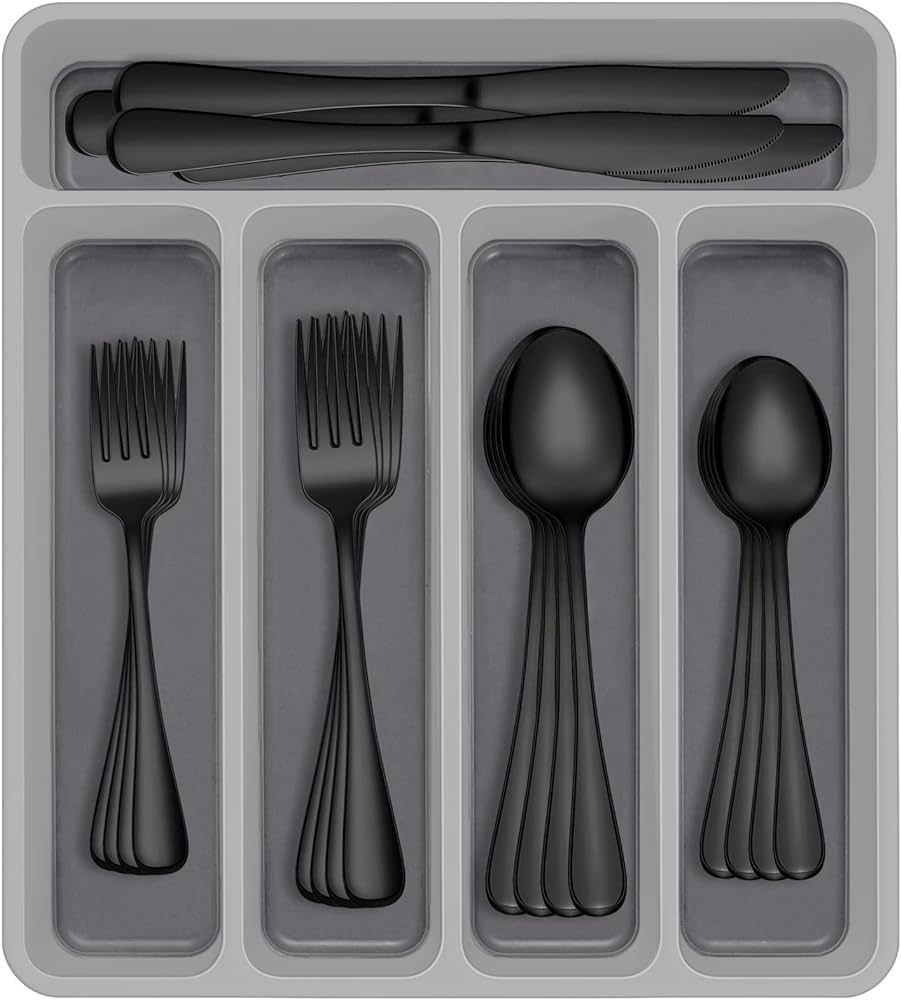 60-Piece Black Silverware Set with Organizer, AIVIKI Stainless Steel Flatware Set for 12, Cutlery... | Amazon (US)