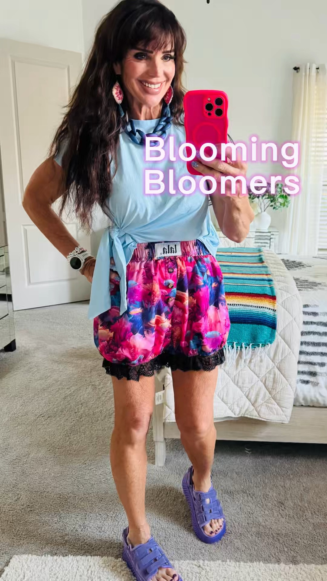What do you mean you don’t have fish motif bloomers with black lace trim?  Doesn’t everyone? Haha!  They may not be everyone’s cup of tea but that’s exactly why I love them!!! I just got this side tie tee and I’m loving it!! I’m wearing a large and will probably size down for future colors.  Necklace, tee and shoes are all Amazon, Dressed in Lala shorts and Cosmo and Clove earrings!!  This was a dopamine outfit and super comfy!!

#LTKootd #LTKdayinmylife #LTKOver40