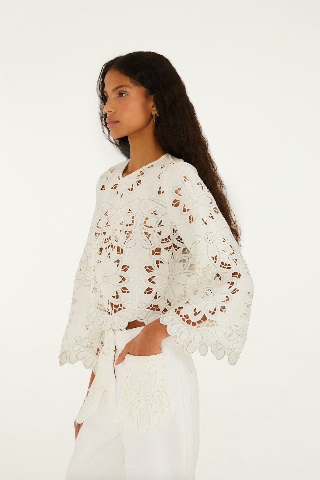 Off-White Flowers Richelieu Long Sleeve Blouse | FARM Rio | FarmRio (US)