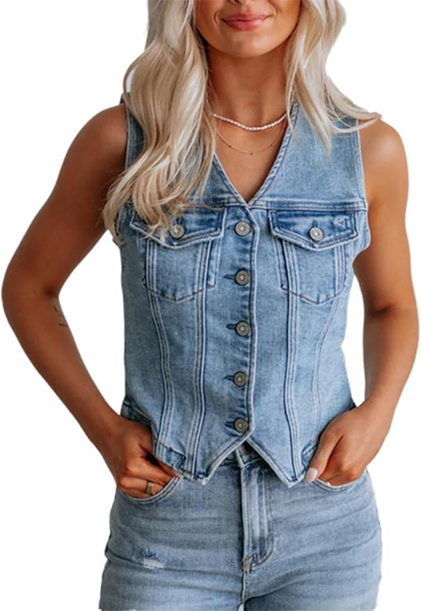 cffvdiz Womens Denim Vest Vintage Distressed Sleeveless V Neck Button Down Crop Western Jean Vest... | Amazon (US)