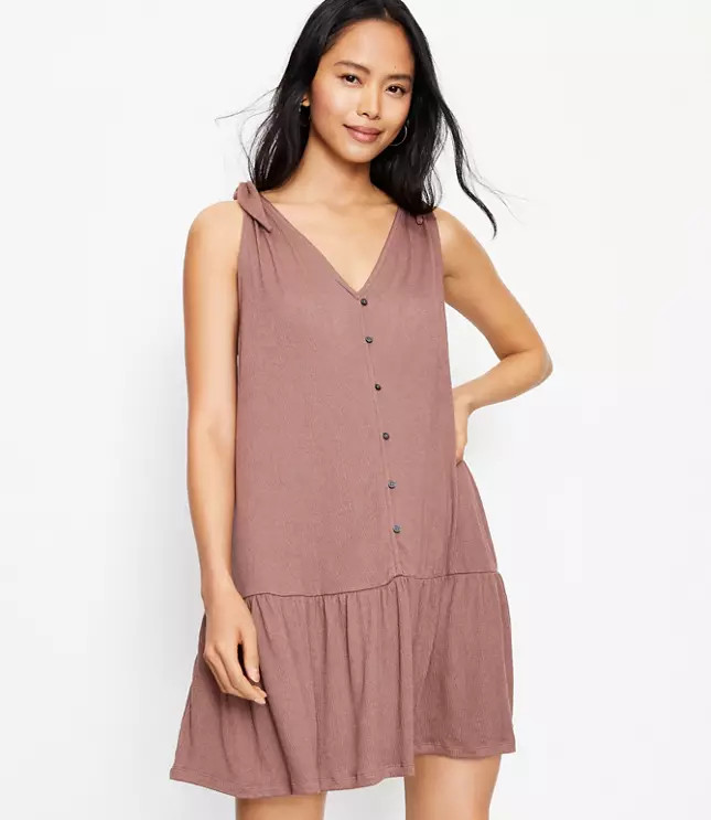 Bow Strap Button Flounce Dress | LOFT