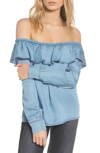 Women's 7 For All Mankind Ruffle Off The Shoulder Chambray Top | Nordstrom