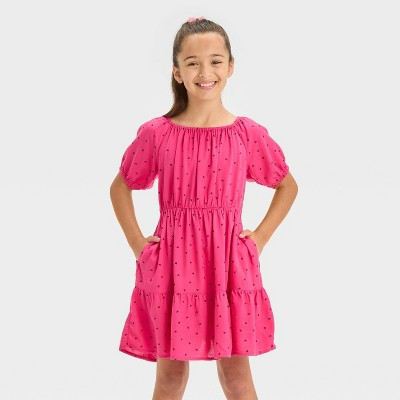 Girls' Short Sleeve Woven Heart Dress - Cat & Jack™ Bright Pink XXL | Target