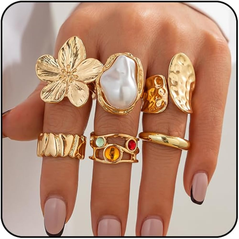 6PCS Gold Rings for Women Non Tarnish Flower Rings for Women Gold Chunky Rings Gold Stackable Rings for Women Silver Statement Rings Baroque Pearl Ring Vintage Knuckle Rings Chunky Gold Jewelry | Amazon (US)