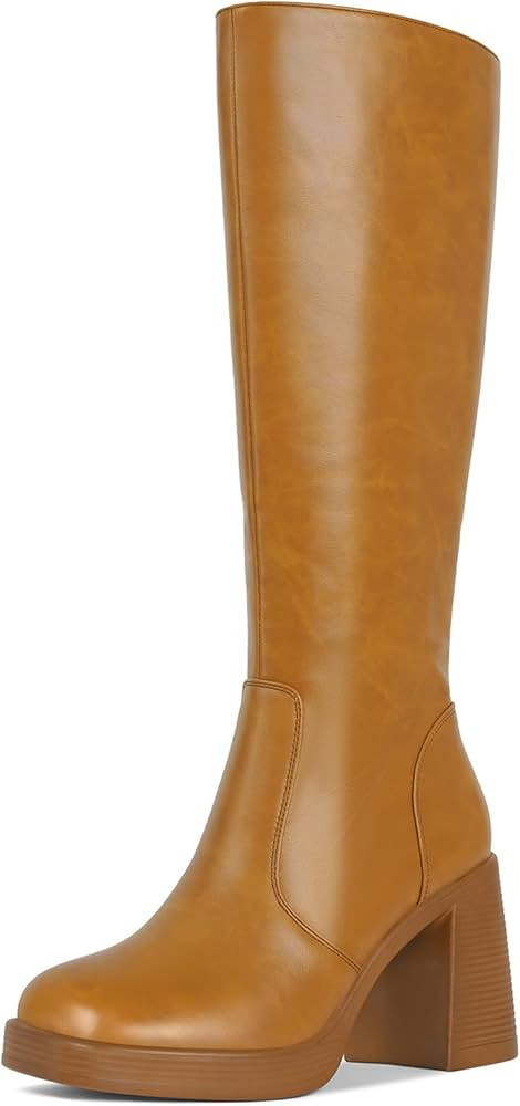 Black Leather Boots Platform Boots for Women Square Toe Chunky Block Heeled Boots | Amazon (US)