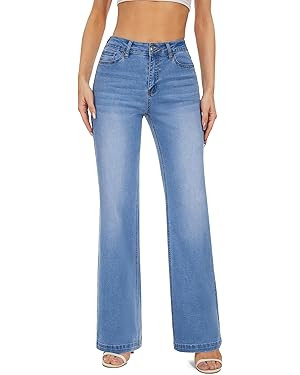 FLYING BANANA Jeans elásticos holgados de cintura alta y pierna ancha para mujer | Amazon (US)