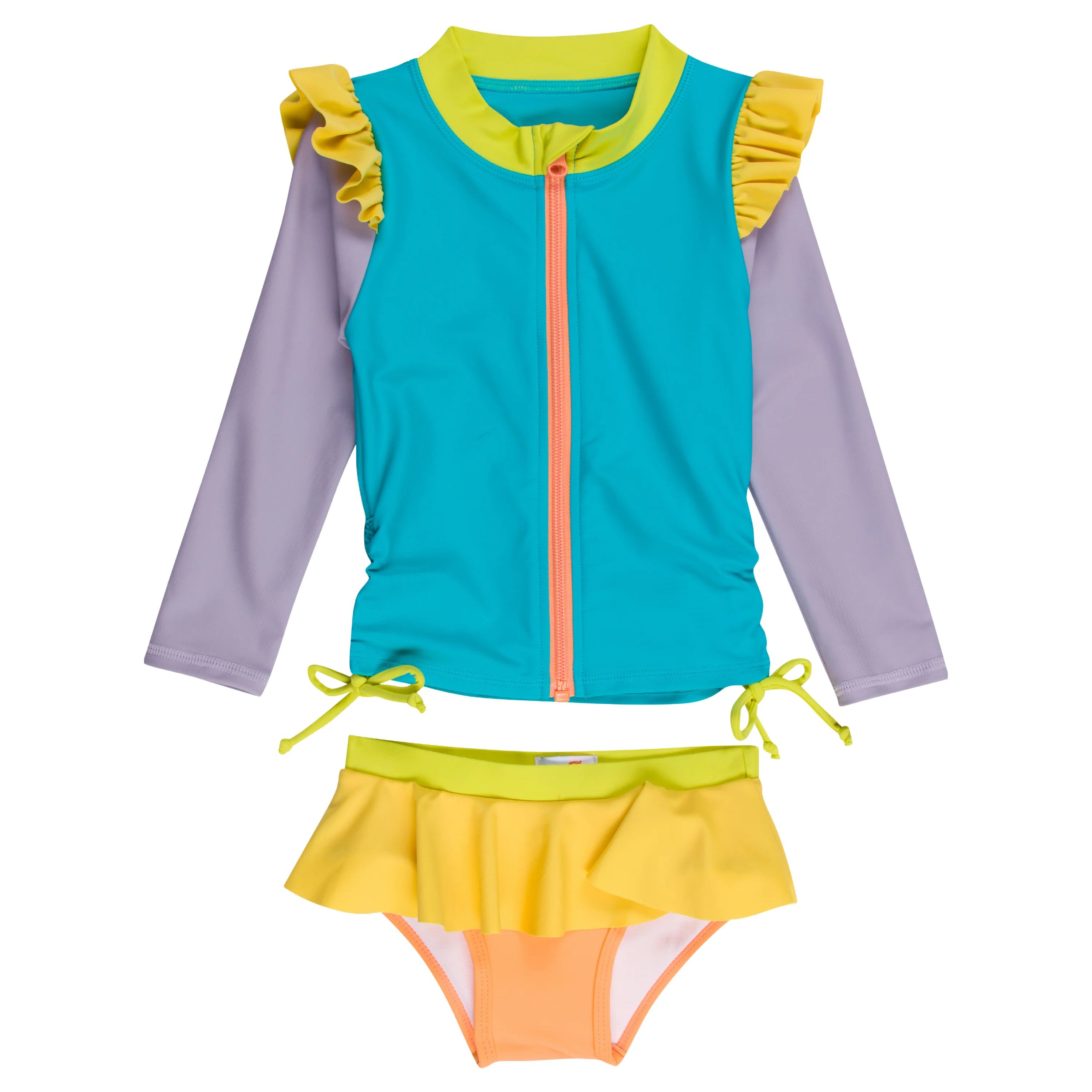 Girls Long Sleeve Rash Guard Ruffle Bottom Swimsuit Set (2 Piece) | "Color Pop" | SwimZip