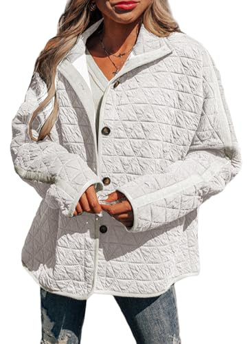 EVALESS Quilted Jackets for Women 2024 Fashion Lightweight Casual Diamond Long Sleeve Button Down Puffer Jacket Warm Winter Coat Outerwear with Pockets,Pure White Large | Amazon (US)
