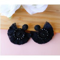 Black Fan Tassel Earrings Handmade Beaded Boho Statement Jewelry | Etsy (US)