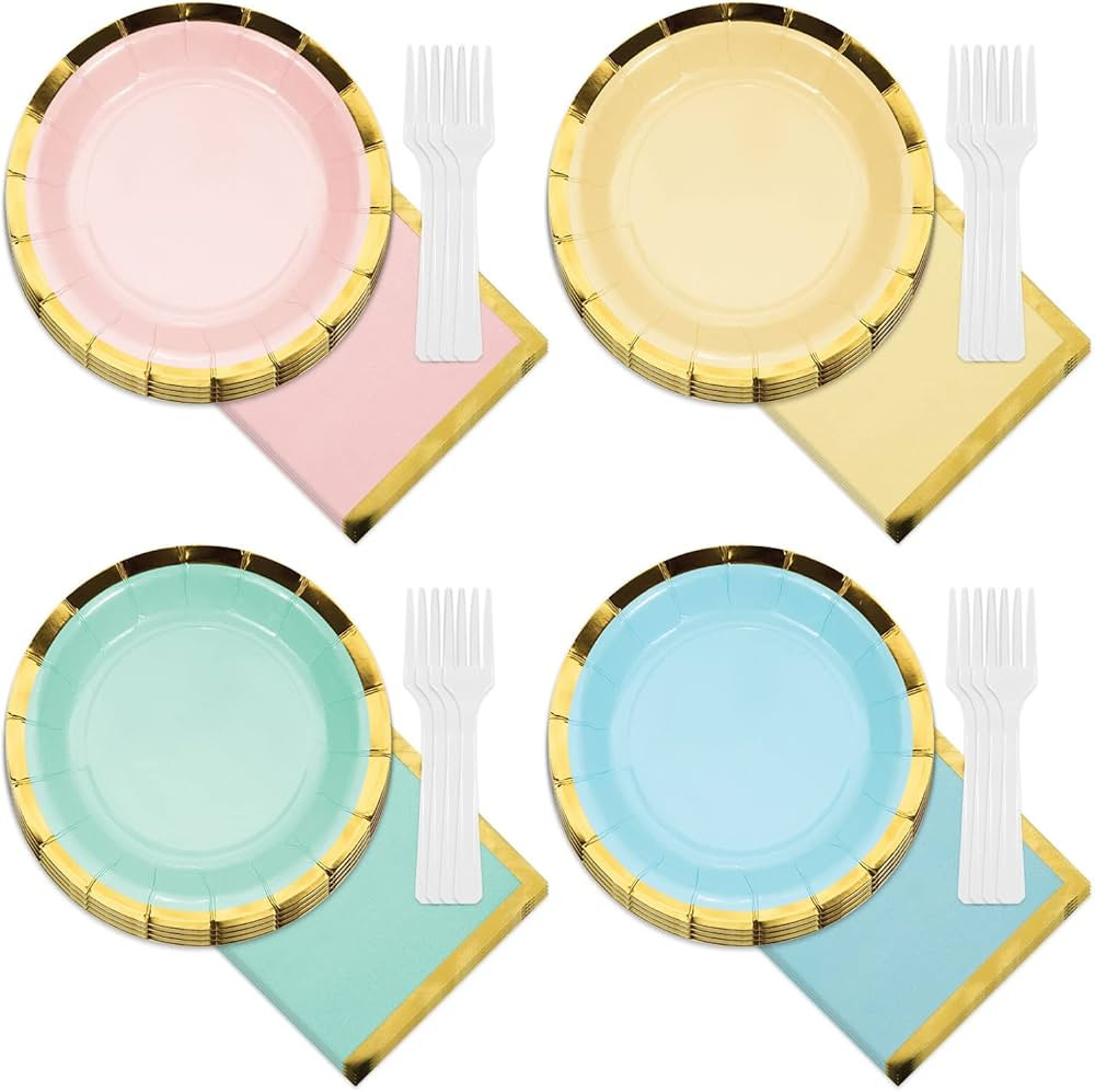 Deluxe Gold Trimmed Pastel Rainbow Scalloped Paper Dessert Plates, Beverage Napkins, and Forks (S... | Amazon (US)