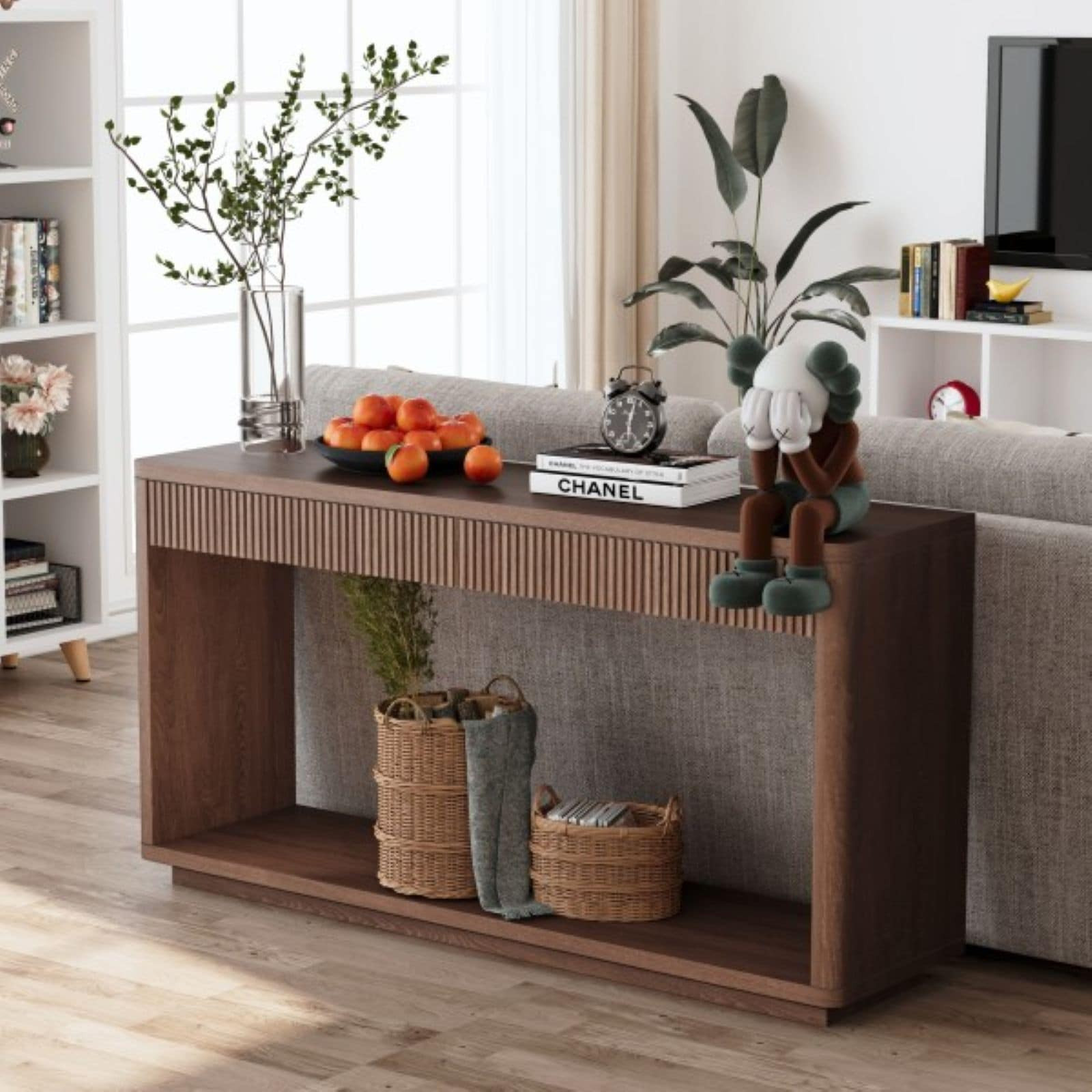 GDFStudio Modern 60-inch Natural Wood Veneer Console Table with 2 Fluted Drawer-Walnut Finish one_size in Brown | 345640 | Lowe's