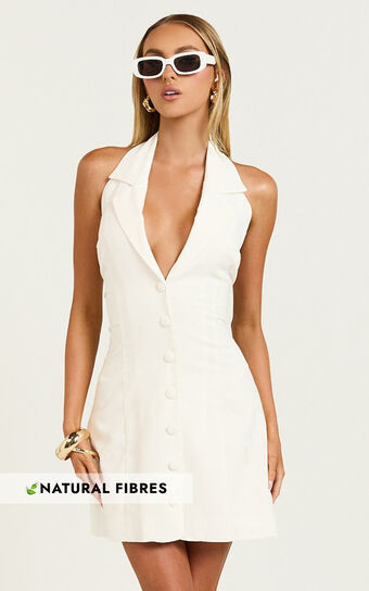 Sammie Mini Dress - Backless Halter Neck Linen Dress in Off White | Showpo (US, UK & Europe)