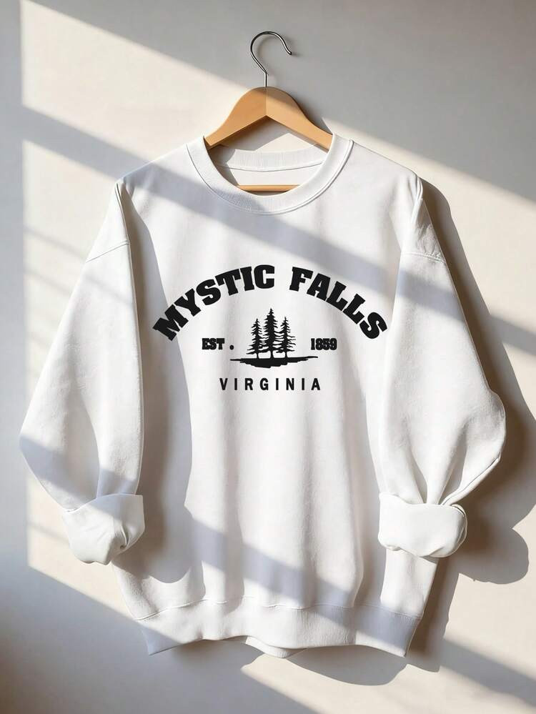 Damen Herbst Und Winter Slogan Grafik Langarm Sweatshirt Mit Rundhalsausschnitt, Lässiger, Weiter Und Vielseitiger Urlaubsstil Oberteil, Modische Herbstbekleidung Für Damen, Geeignet Für Den Täglichen Gebrauch | SHEIN