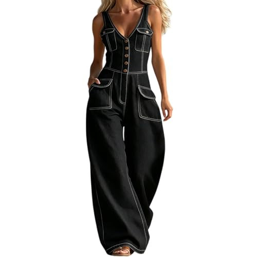 JJYCXAEW Denim Jumpsuit Denim Romper for Women Sleeveless V Neck Camisole Smocked Waist Wide Leg Jean Jumpsuit Long Overalls | Amazon (US)