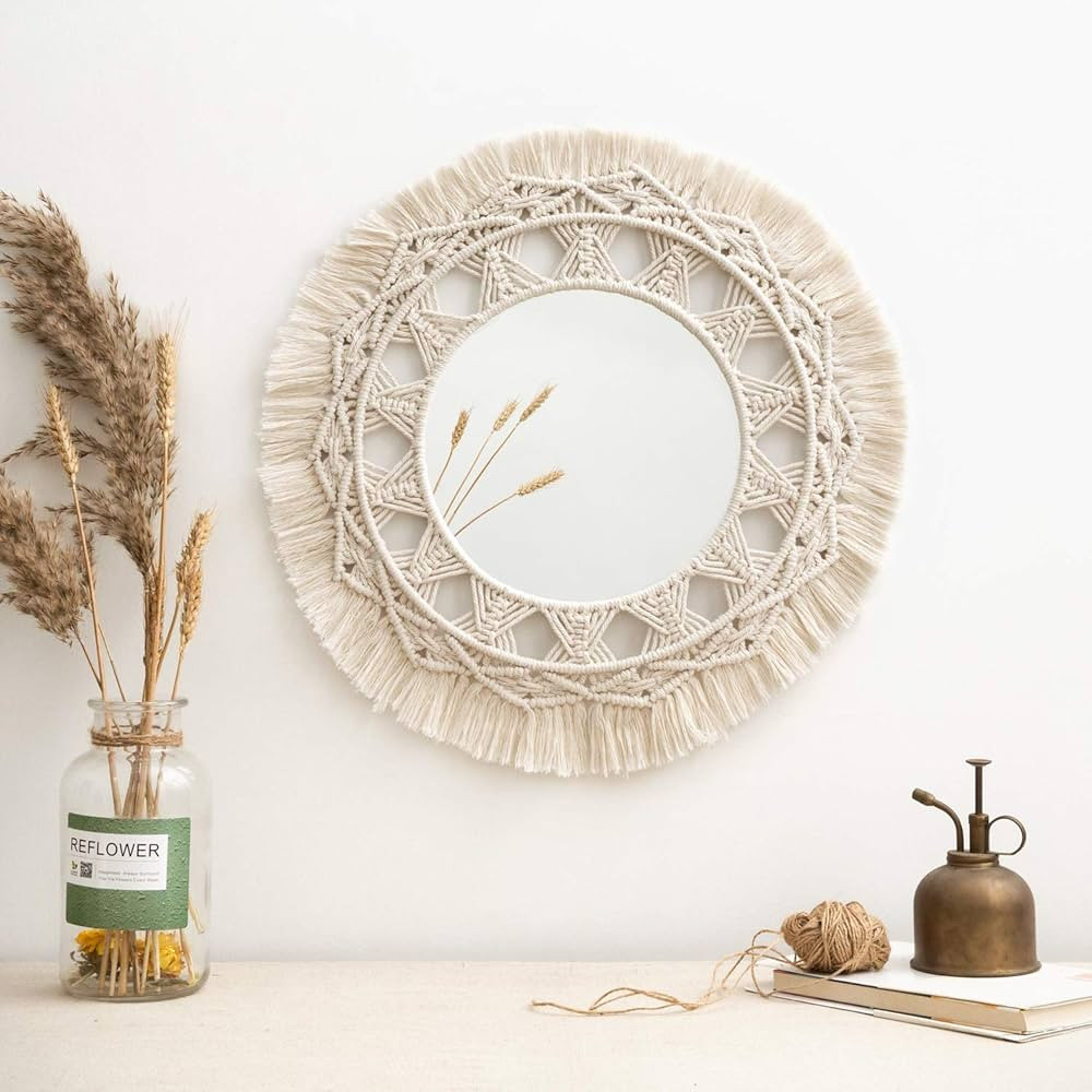 Dahey Macrame Hanging Wall Mirror with Boho Fringe Round Decorative Mirror for Apartment Living R... | Amazon (US)