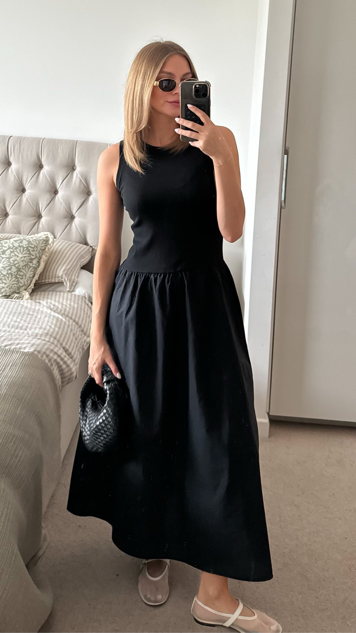 Spring dress
Black summer dress
Holiday fit
Mesh shoes
Black woven bag 
Summer office outfit 