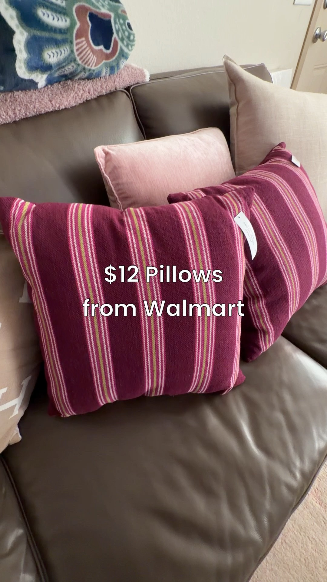 $12 Pillows from @Walmart that definitely inspired my theme for my Christmas colors this year!! These stripes of pink and burgundy are so fun!