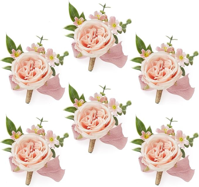 Alecono Boutonniere for Men, Set of 6 Champagne Pink Faux Boutonniere for Groom Groomsmen Wedding... | Amazon (US)