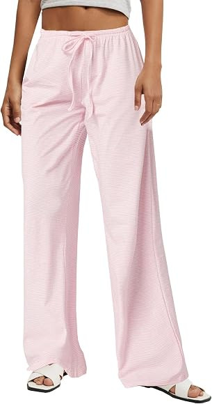 Women's Drawstring Pajama Pants Striped Casual Palazzo Wide Leg Lounge Pant Comfy Sleepwear Trous... | Amazon (US)