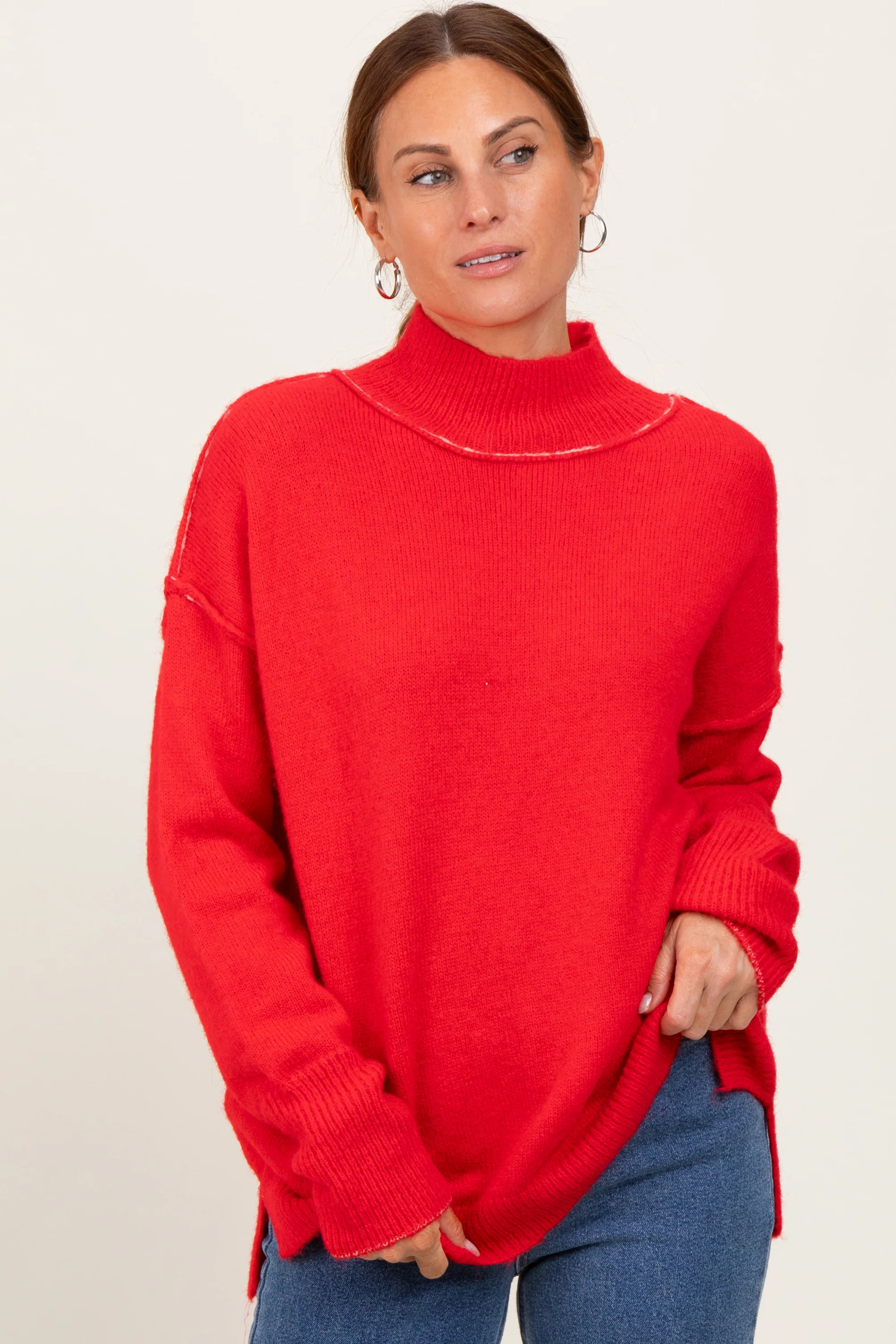 Red Mock Neck Contrast Seam Sweater | PinkBlush Maternity