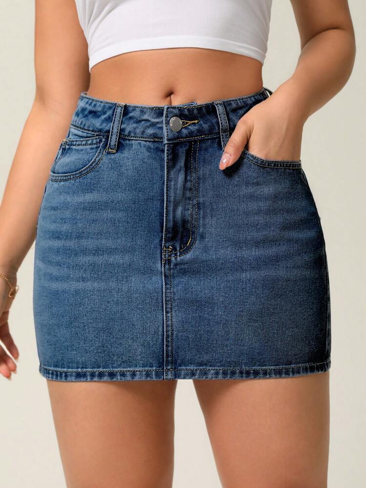 SHEIN Essnce Women Pocket Bodycon Pencil Casual Denim Mini Skirt | SHEIN