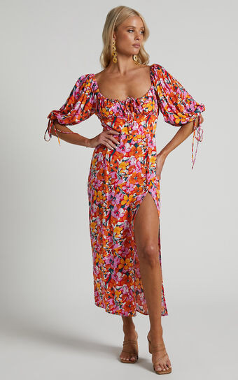 Rosario Midi Dress - Ruched Bust Puff Sleeve Dress in Spring Floral | Showpo (US, UK & Europe)