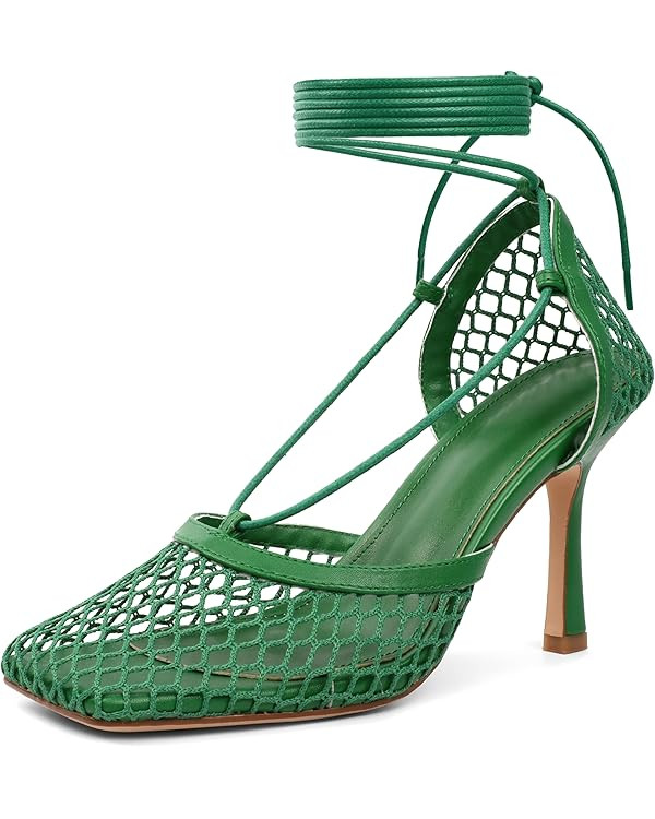 SAMMITOP Women's Square Toe Mesh Lace Up Strappy Sexy Heels Sandals Stiletto High Heel Closed Toe... | Amazon (US)