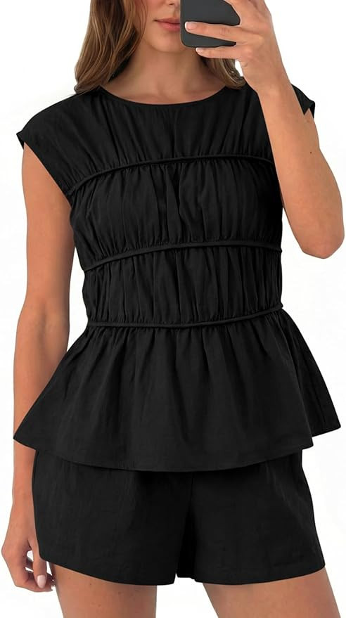 Tankaneo Womens Summer Smocked 2 Piece Short Sets Cap Sleeve Babydoll Peplum Blouse Casual Matchi... | Amazon (US)