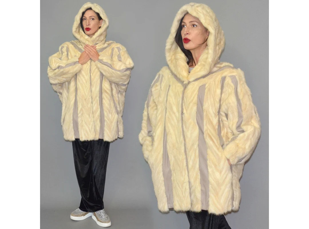 Vintage Pastel MINK Fur Leather Graphic Striped Patchwork Slouch Hooded Anorak Parka Winter Princ... | Etsy (US)