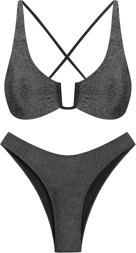 ZAFUL Women's Two Piece Swimsuit Textured U-Wired Metal Criss Cross String Bikini High Leg Bathin... | Amazon (US)