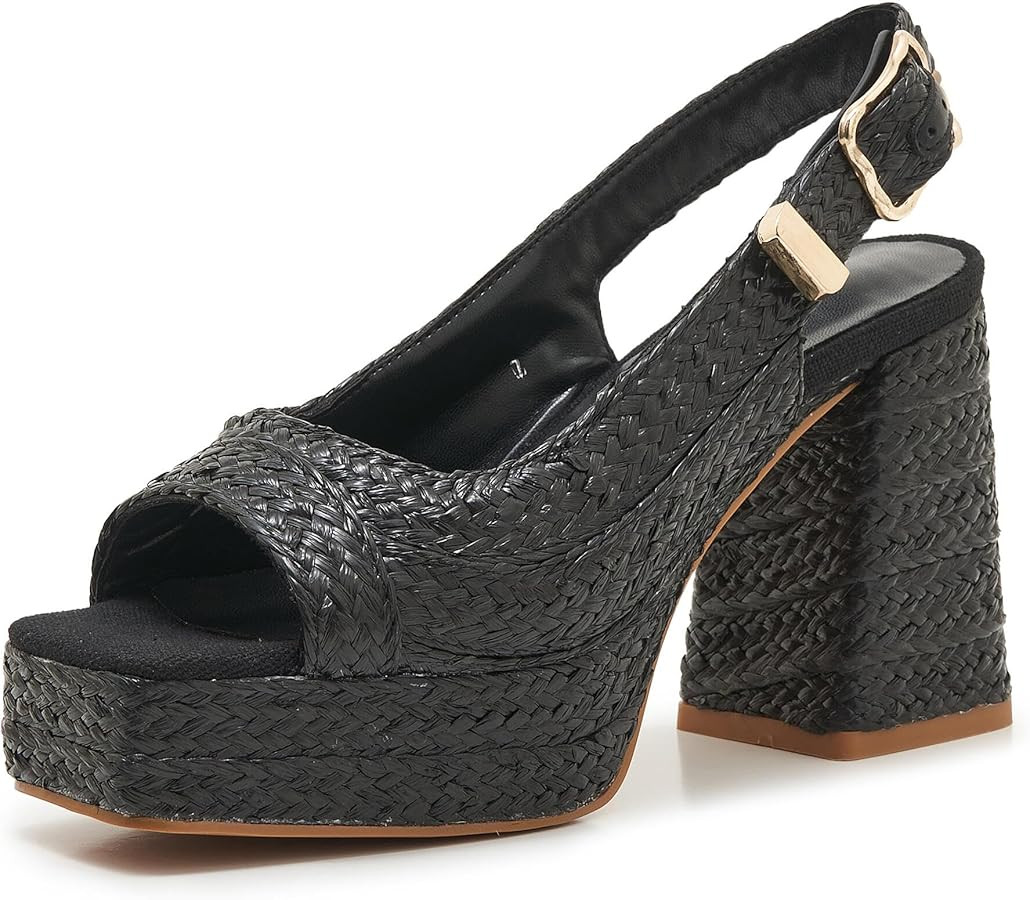 Raffia Platform Heeled Sandals for Women with Adjustable Slingback Strap, Open Toe Chunky Block H... | Amazon (US)