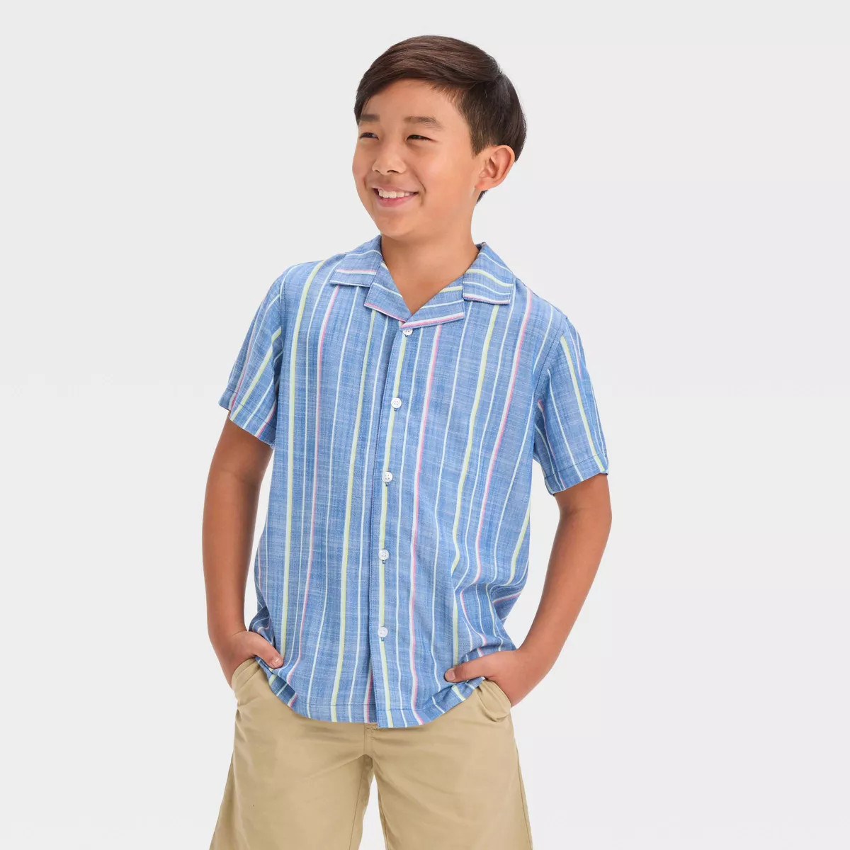 Boys' Short Sleeve Striped Button-Down Shirt - Cat & Jack™ Blue | Target