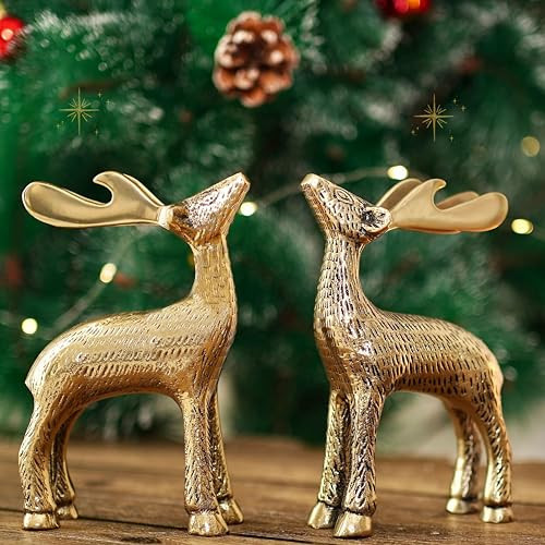BEHOMA Golden Antique Vastu Metal Deer Figure Statue for Good Luck | Christmas Reindeer Showpiece for Home Decor Table Top as Jewelry Trinket Holder (Jewellery not Included) (Set of 2) | Amazon (US)