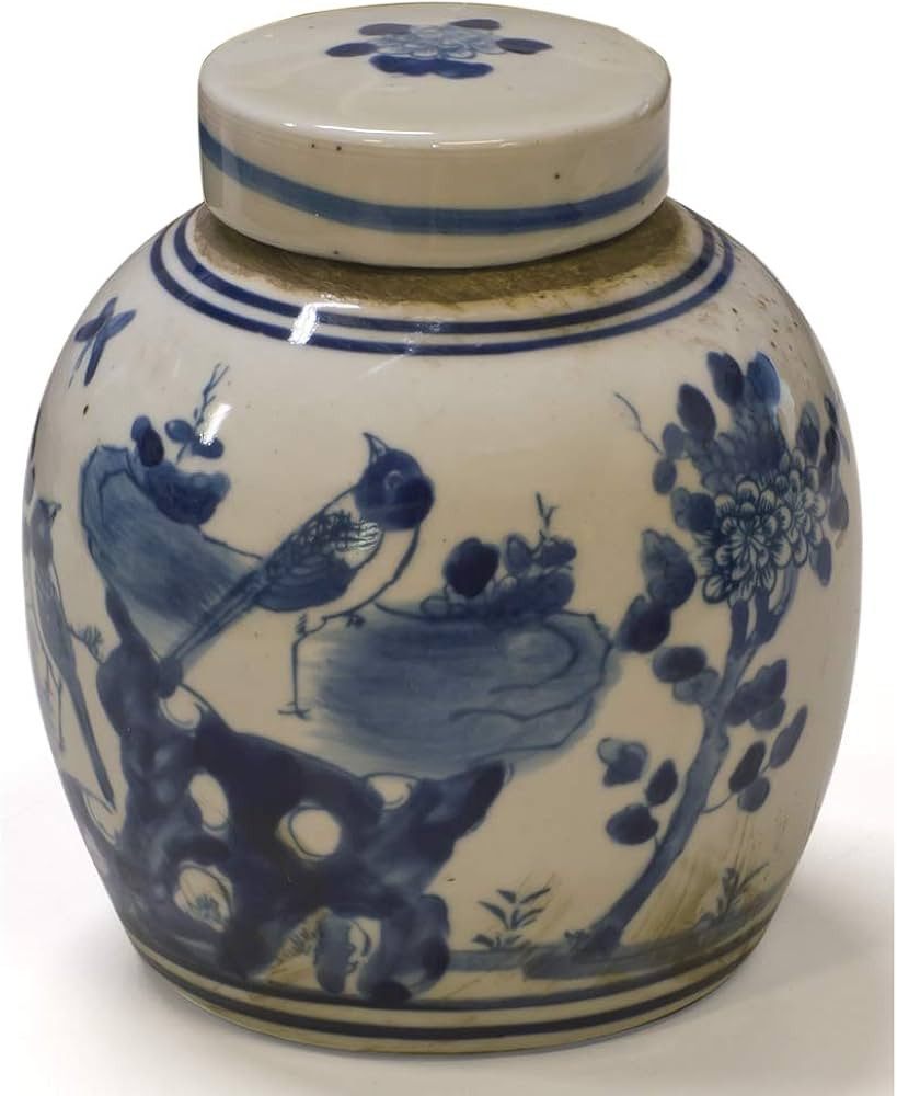 Blue and White 4.5in Porcelain Flower and Bird Small Oriental Jar with Lid | Amazon (US)