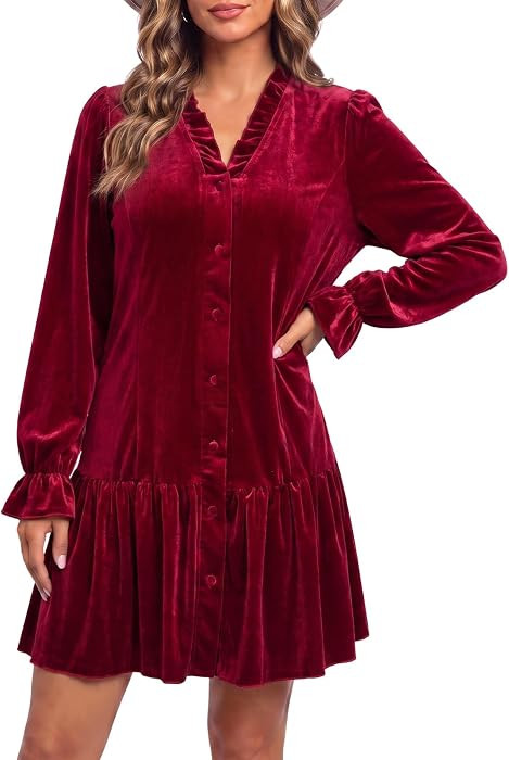 Wenrine Womens Velvet Dress Button Down V Neck Ruffle Party Mini Dresses | Amazon (US)